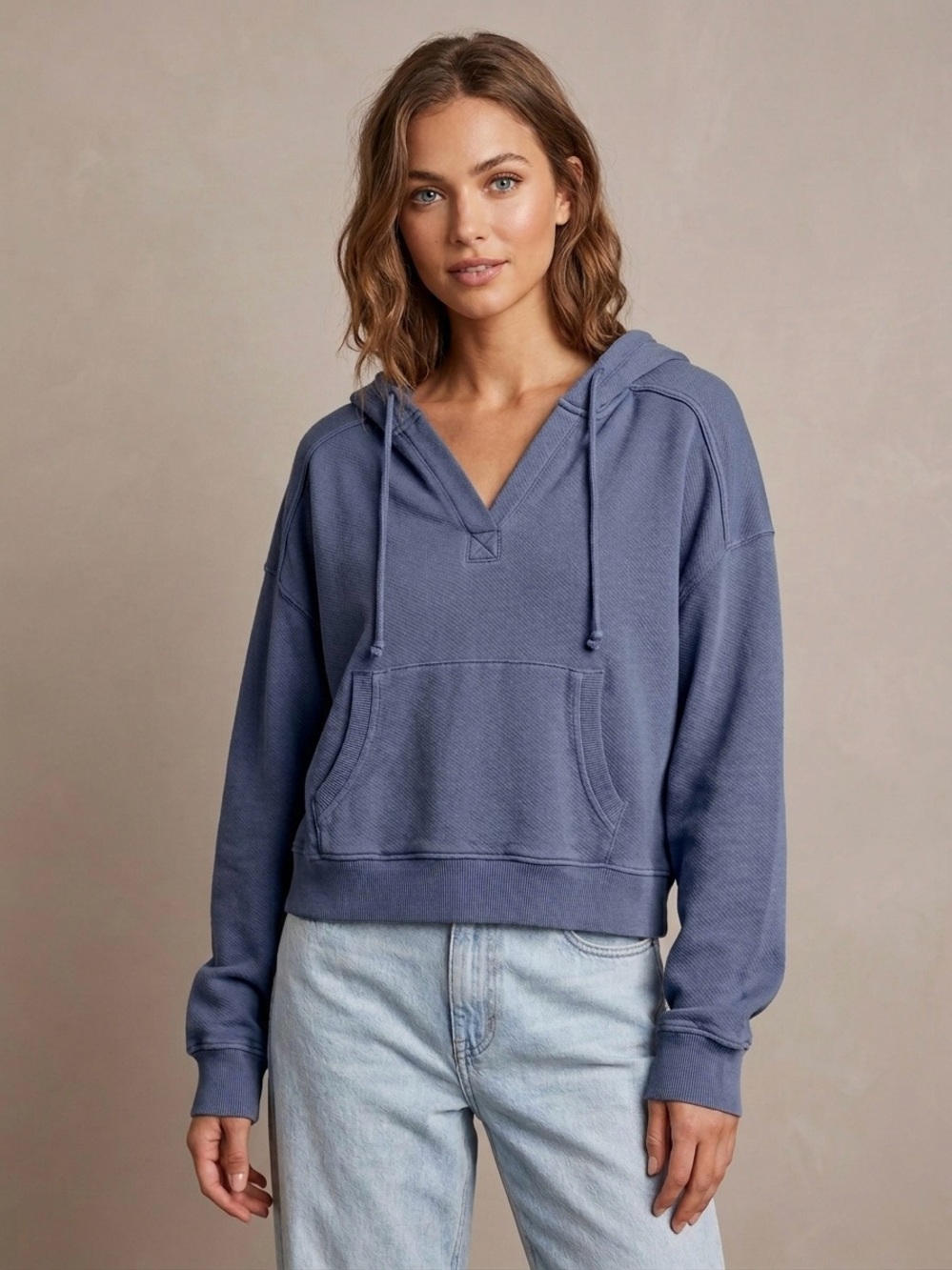💙EUC American Eagle "Seriously Lived In🥰Cropped Hoodie” Dusty Slate Blue Mix XL